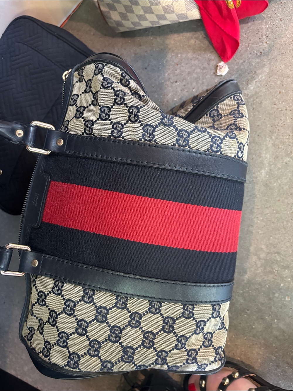Gucci Beige/Black GG Canvas Duffel with Red Center Stripe